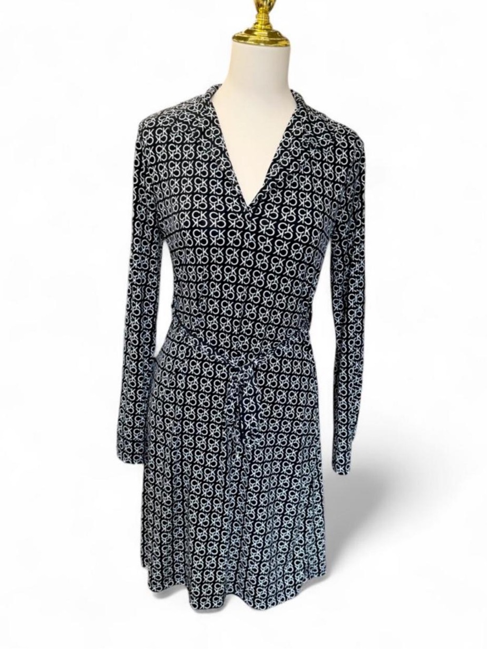Calvin Klein All-Over Monogram Logo Print Tie Waist Long Sleeve Wrap Dress 4